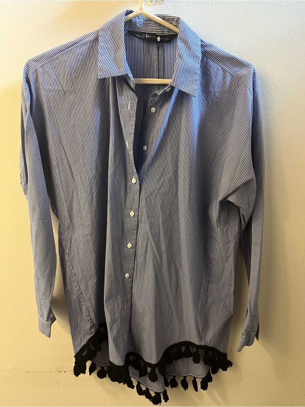 Zara Blue and White Striped Button-Down Shirt with Tassel Trim